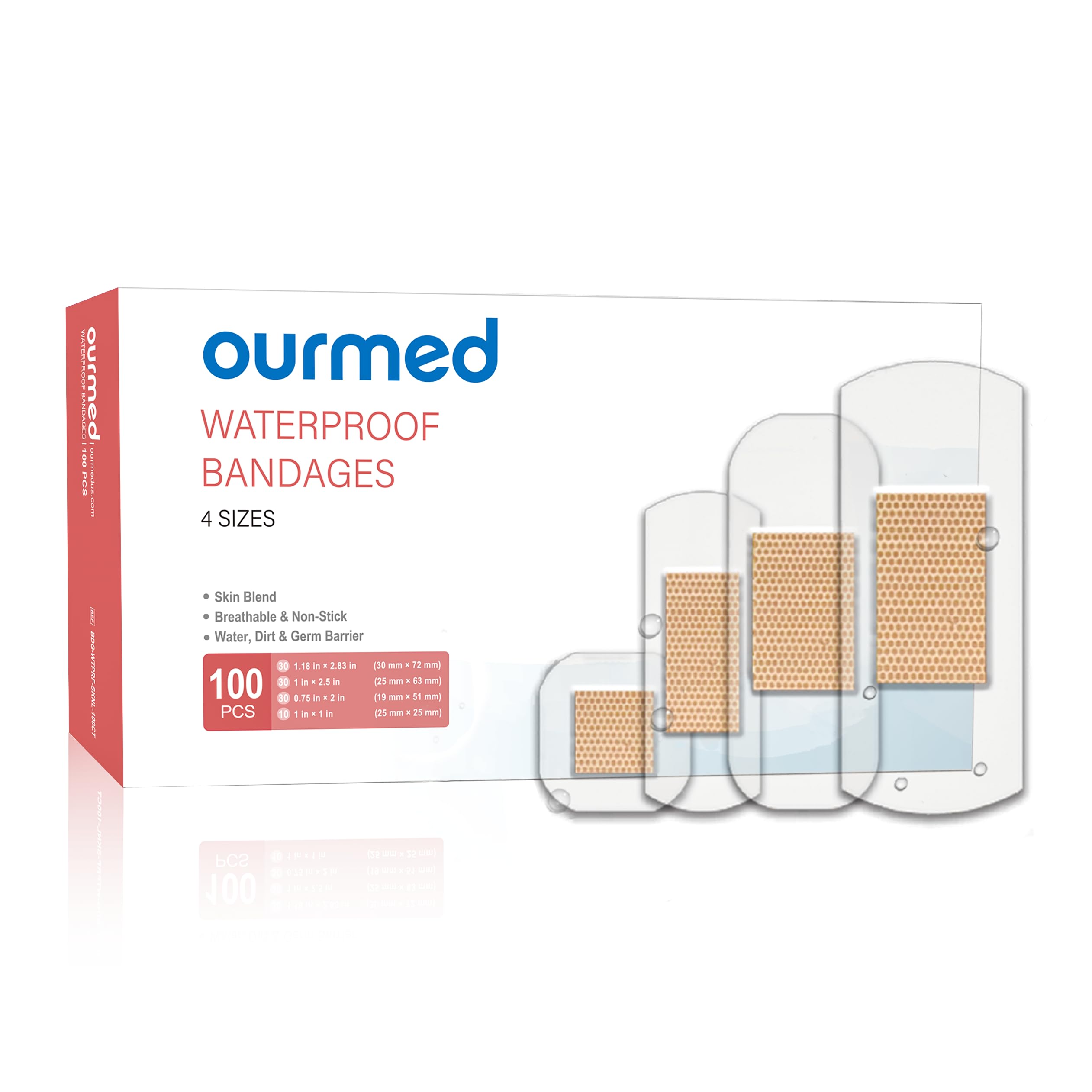 ourmed paquete frontal mostrando 100 vendajes, solución práctica