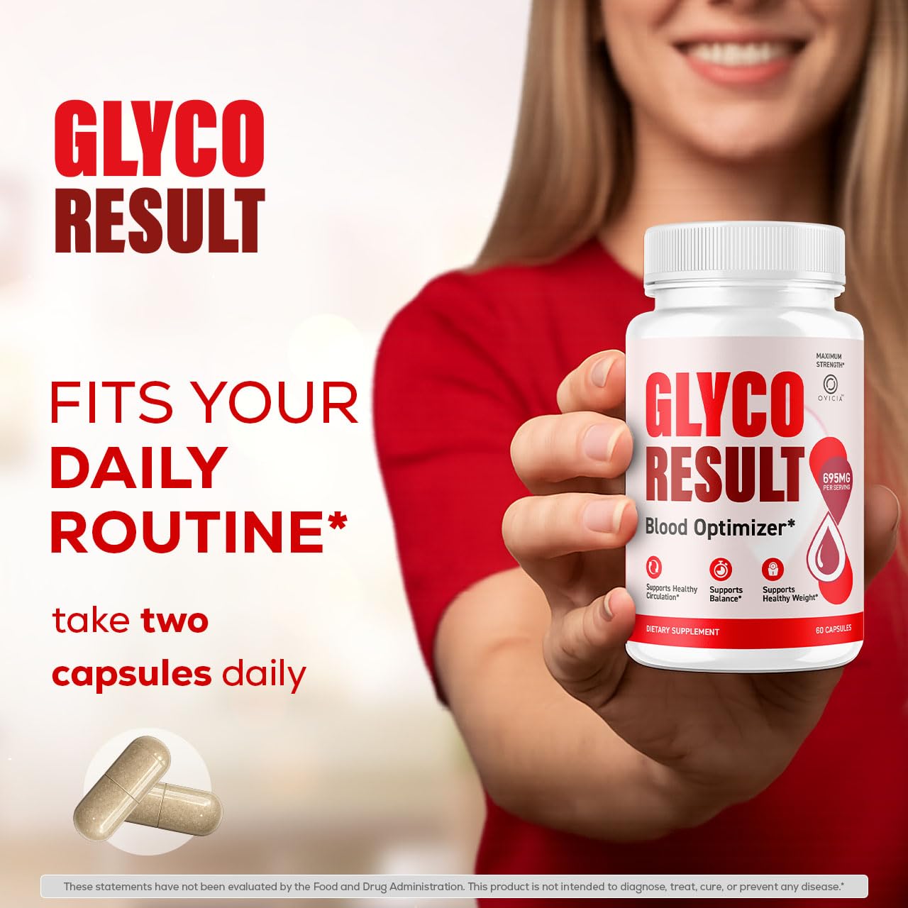 OVICIA Glyco Result envase en mano mostrando su tamaño y control de porciones