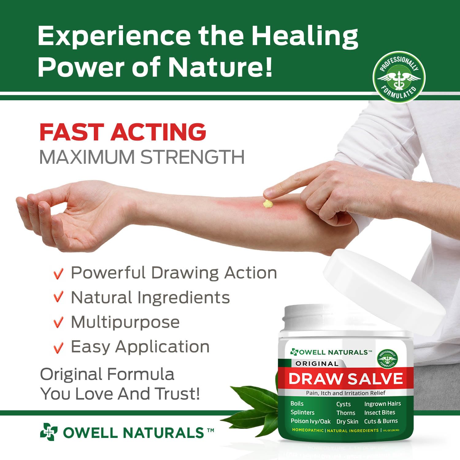 Aplicación localizada del bálsamo OWELL Naturals en la mano para aliviar irritación