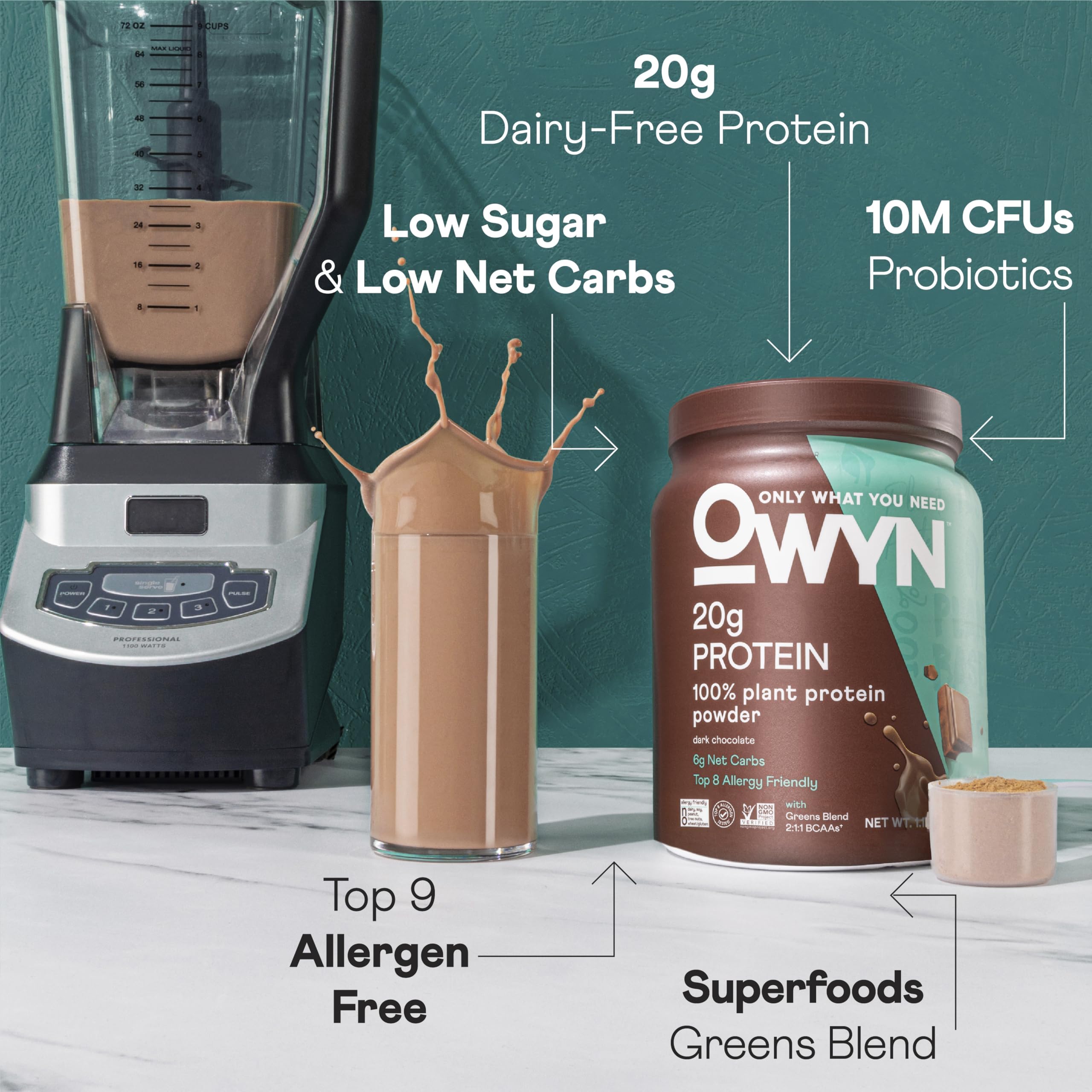 OWYN batido de chocolate servido, práctico para energía diaria
