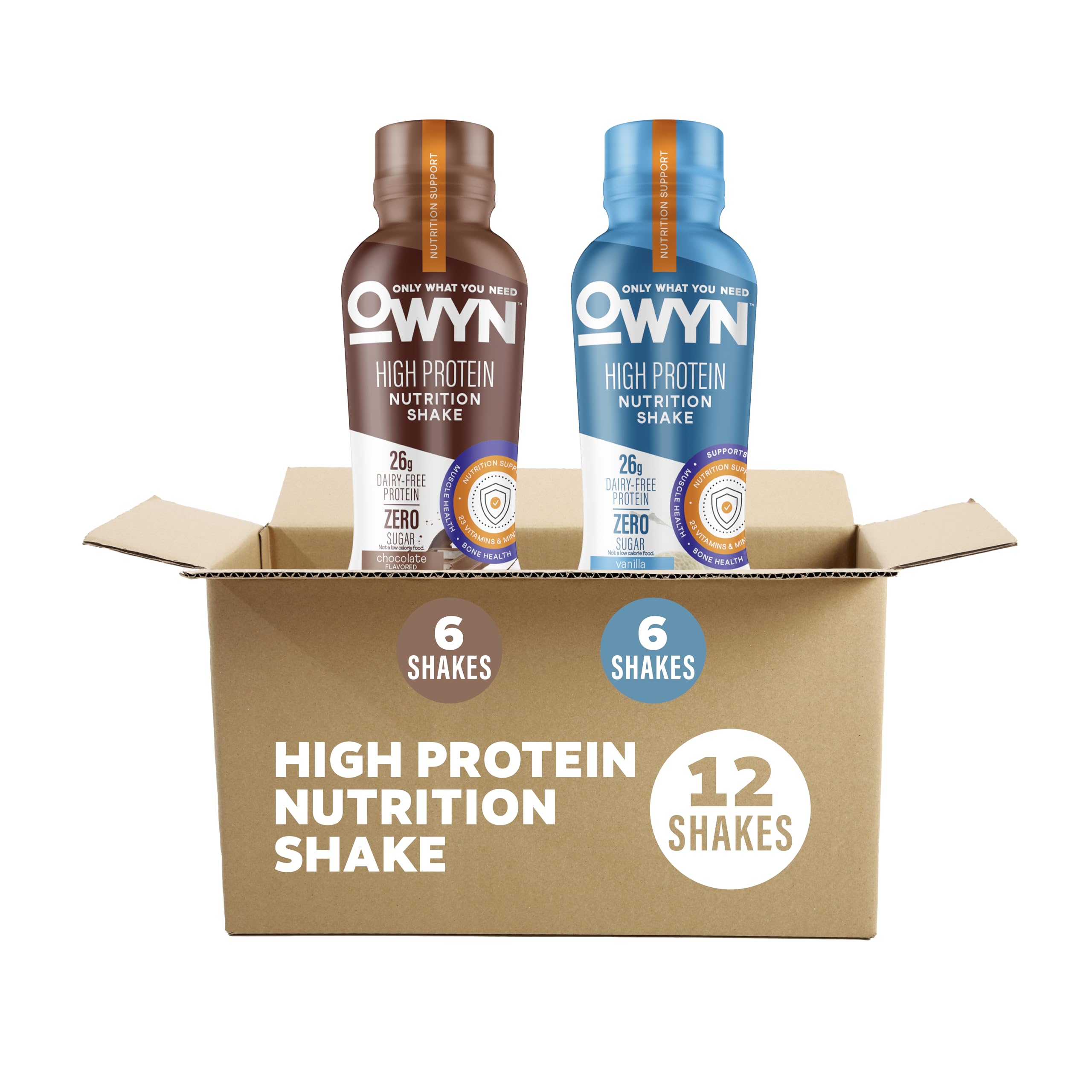 OWYN pack frontal de 12 unidades mostrando sabores y conveniencia