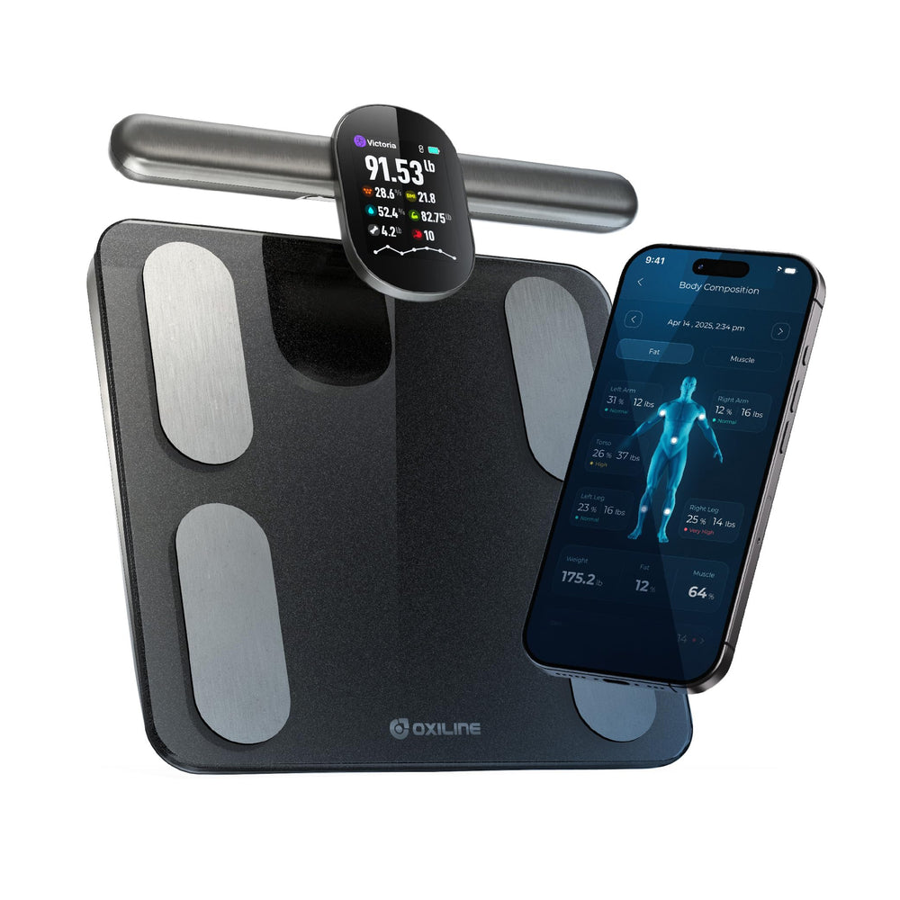 Oxiline báscula frontal con pantalla OLED mostrando métricas clave y lectura rápida