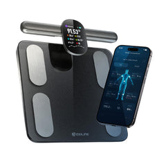 Oxiline báscula frontal con pantalla OLED mostrando métricas clave y lectura rápida
