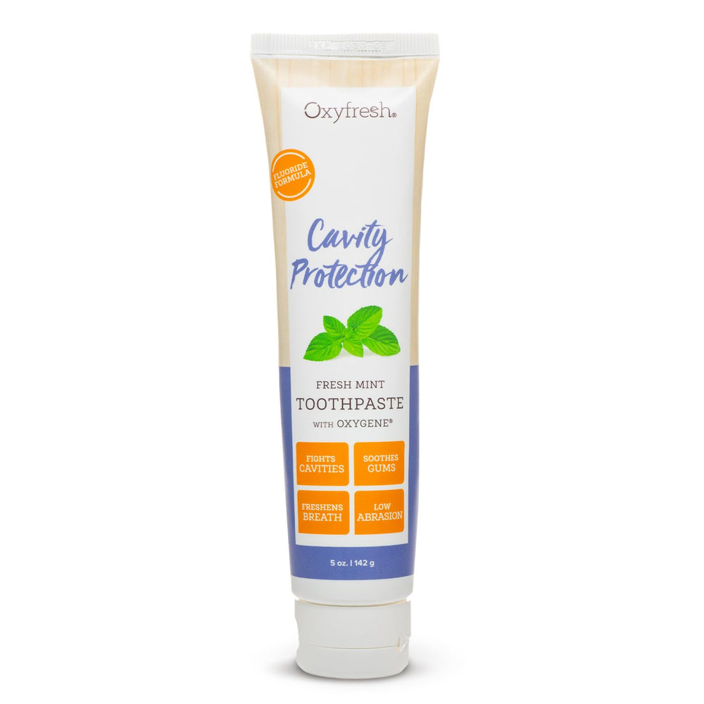 Oxyfresh frente del tubo mostrando etiqueta y beneficio anticaries