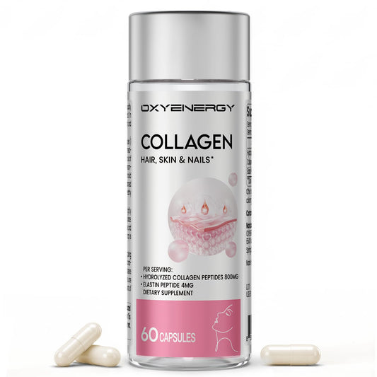 OxyEnergy colágeno en botella promueve cabello saludable y uñas fuertes.