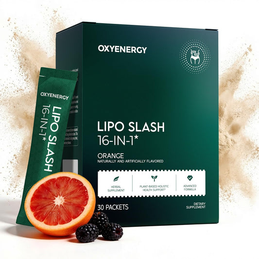 OxyEnergy frasco y caja frontal mostrando diseño y beneficios