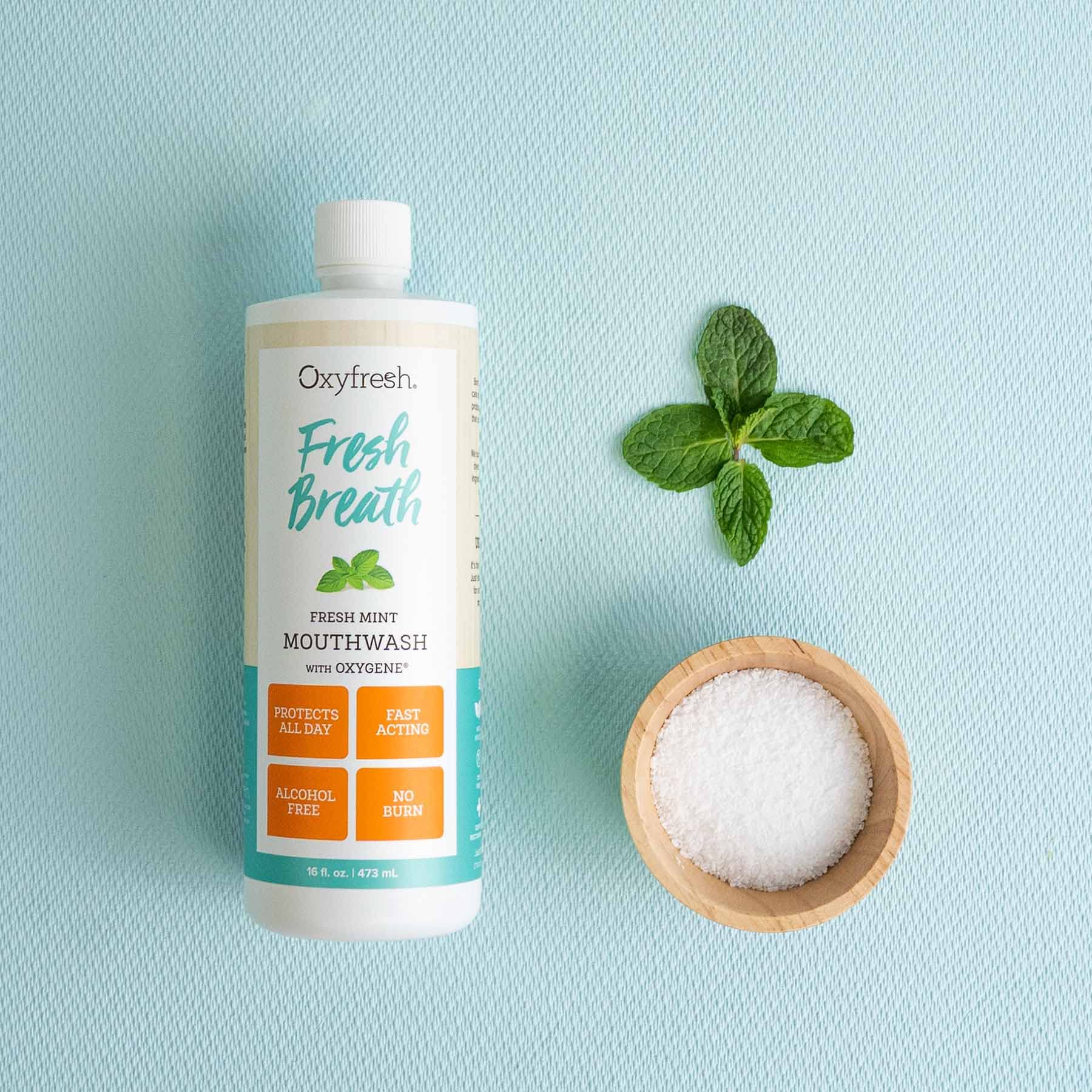 Oxyfresh primer plano de la etiqueta con ingredientes y beneficios visibles