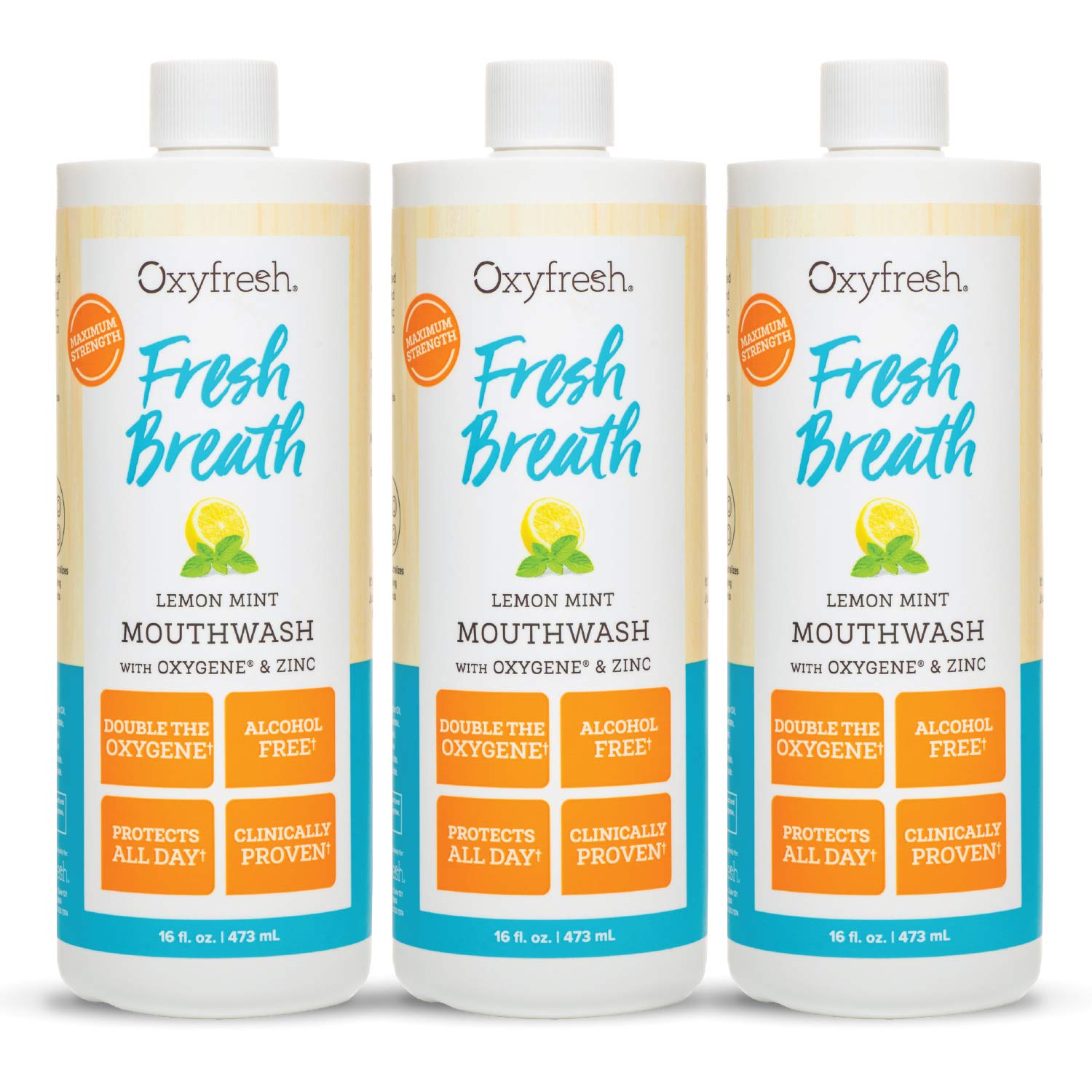 Oxyfresh botella frontal mostrando etiqueta y beneficio aliento fresco