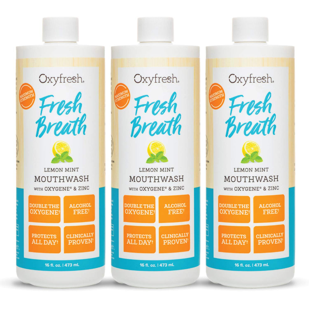 Oxyfresh botella frontal mostrando etiqueta y beneficio aliento fresco