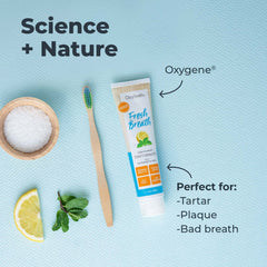 Oxyfresh tubo 5 oz junto a regla mostrando tamaño real para orientación