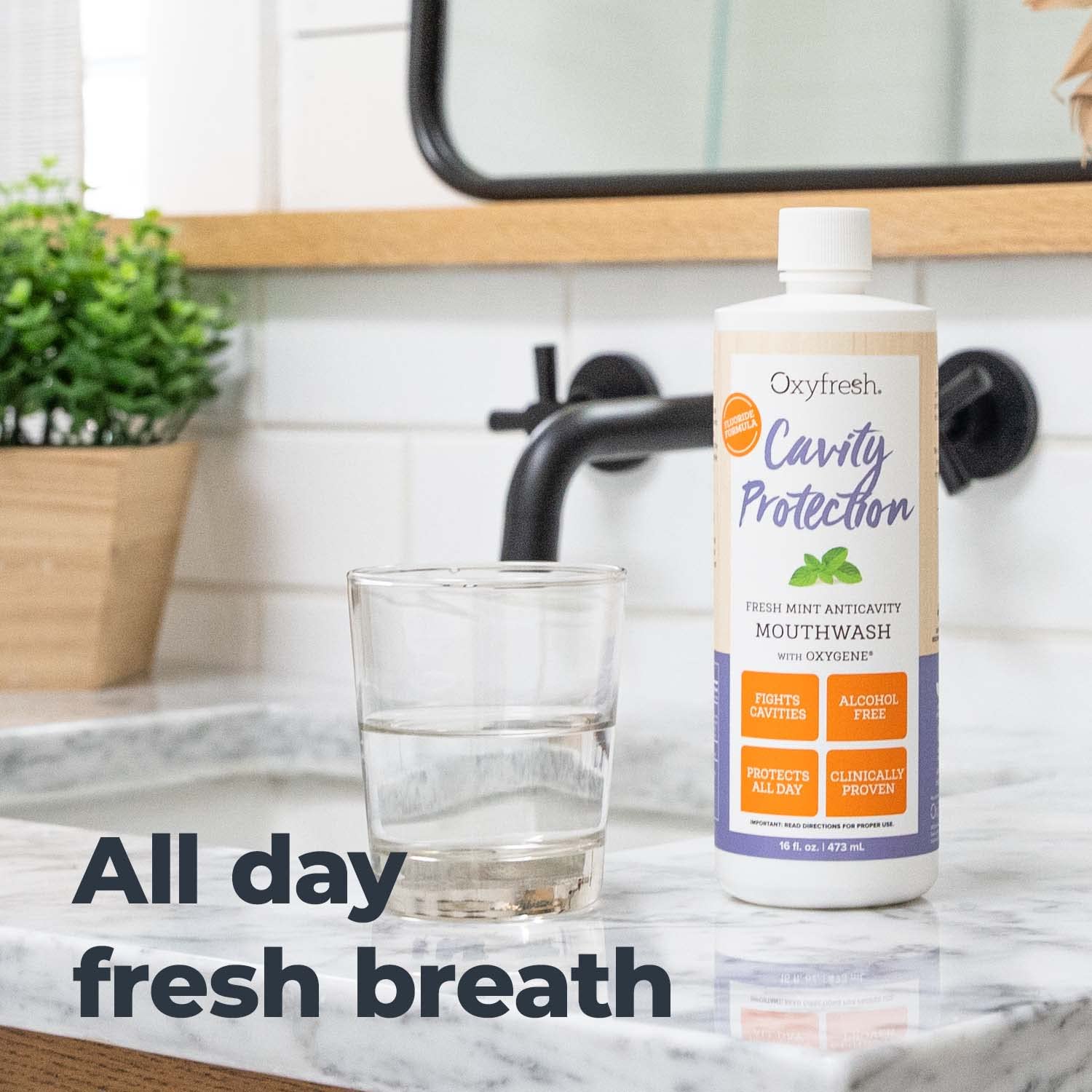 Oxyfresh junto a una regla mostrando tamaño de 473 ml para durabilidad