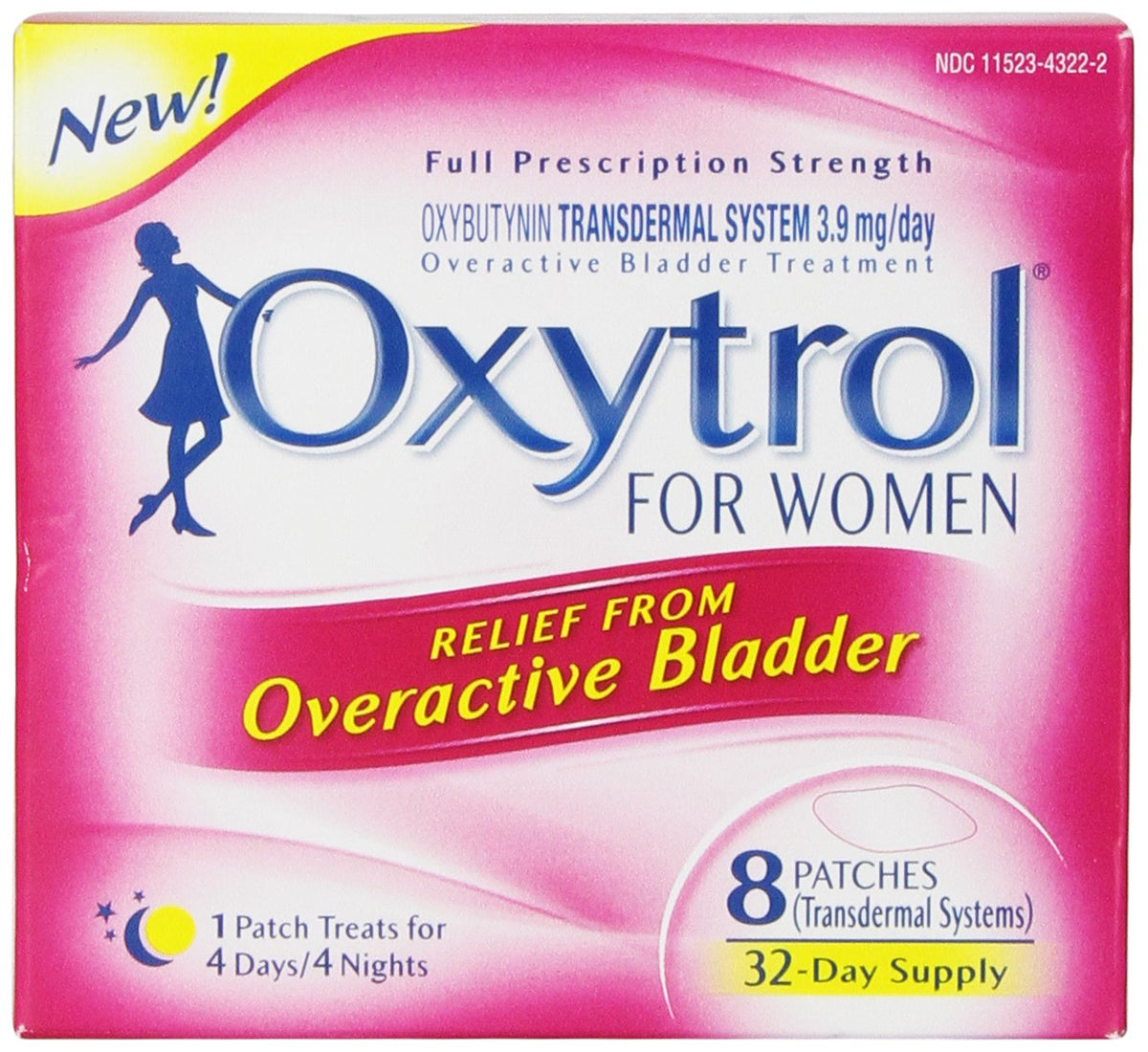 Oxytrol for Women empaque frontal mostrando 8 parches y conveniencia de uso
