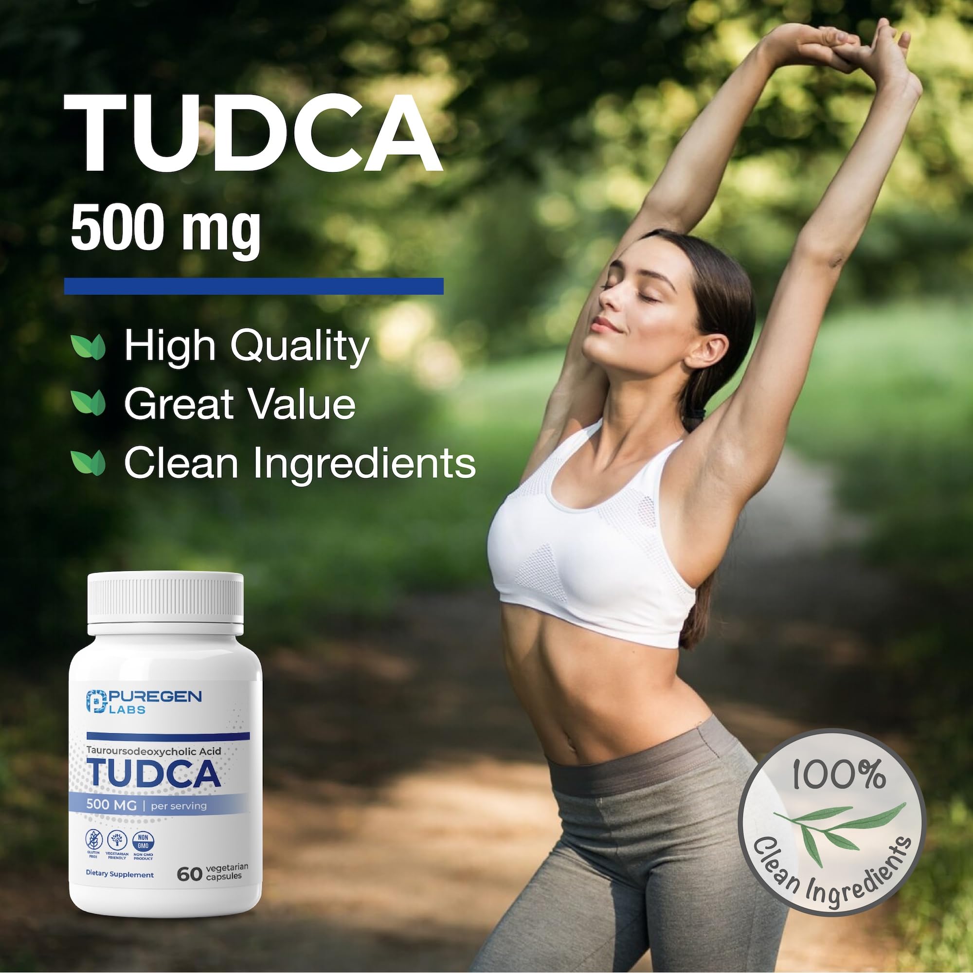 P Puregen Labs frasco abierto con cápsulas, mostrando cantidad y uso práctico