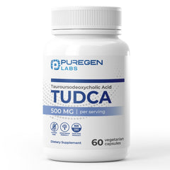P Puregen Labs envase frontal de TUDCA mostrando etiqueta clara y beneficio de pureza