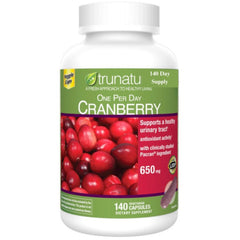 Frasco Pacran Cranberry 650 mg frontal con 140 cápsulas, práctico almacenamiento