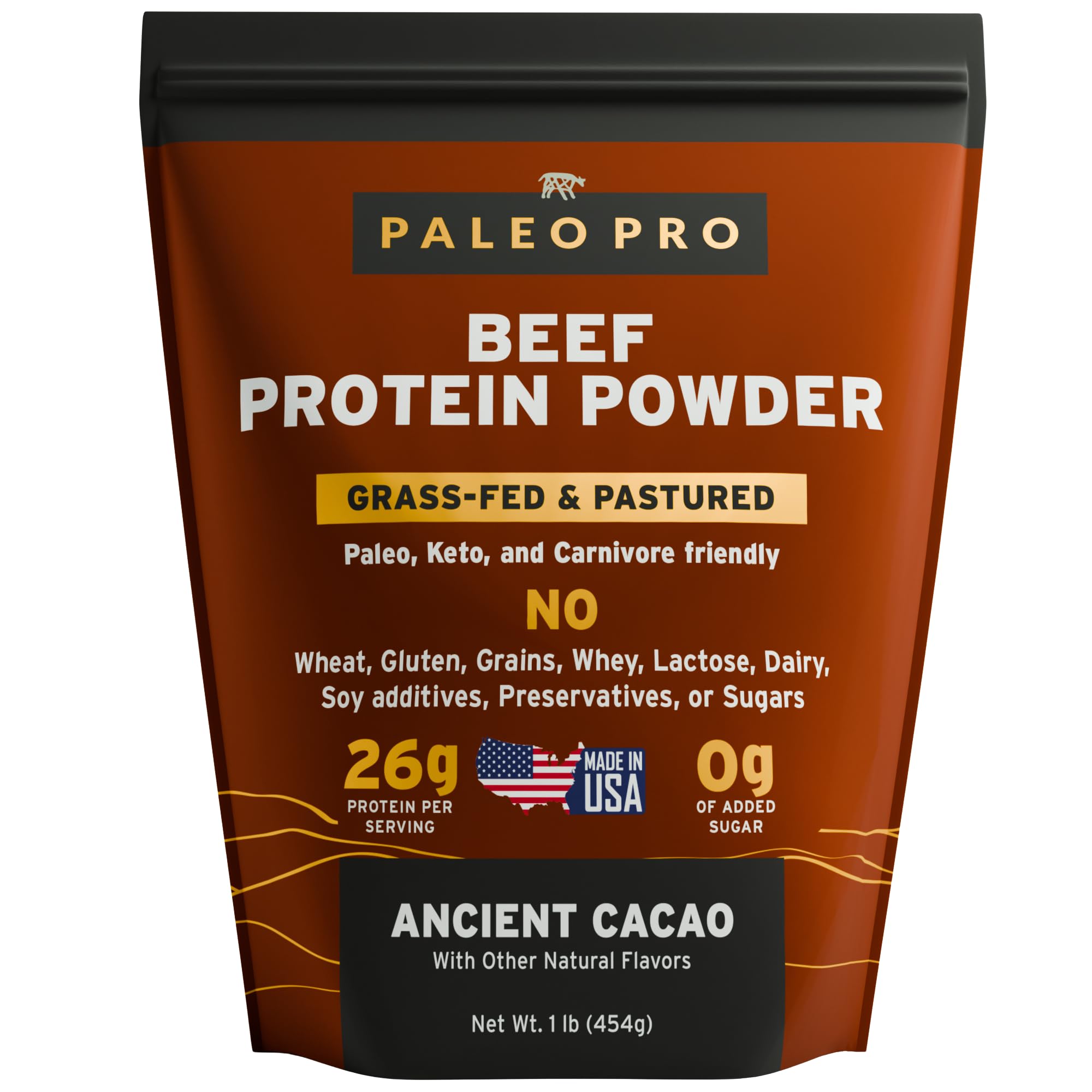 Paleo Pro vista frontal del envase cacao mostrando diseño y tamaño beneficioso