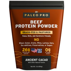 Paleo Pro vista frontal del envase cacao mostrando diseño y tamaño beneficioso