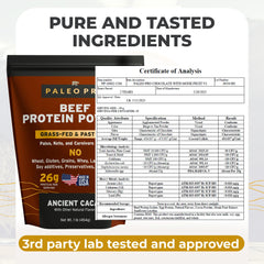 Paleo Pro primer plano del polvo cacao mostrando textura natural y alta proteína