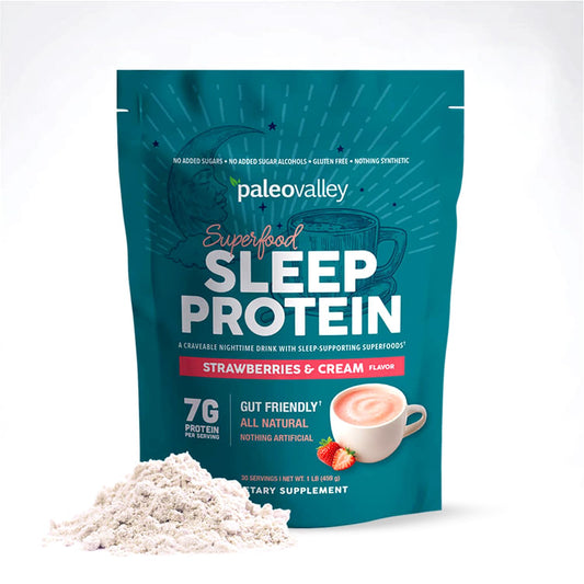 paleovalley envase frontal con sabor fresas y crema mostrando ingredientes
