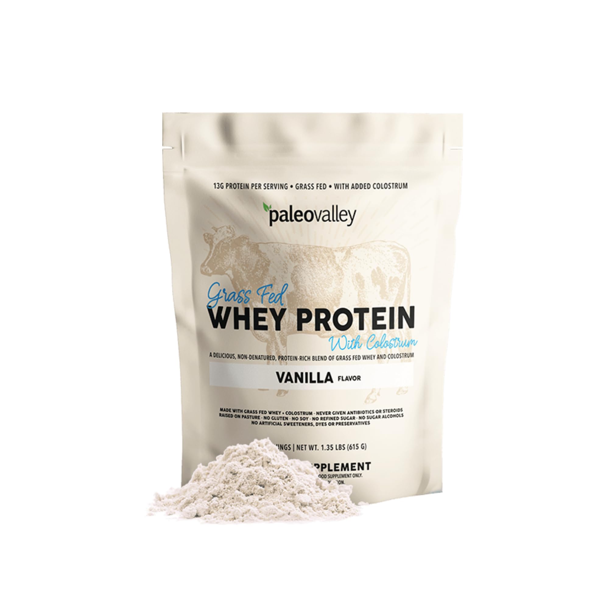 Paleovalley envase frontal mostrando sello grass fed y beneficios