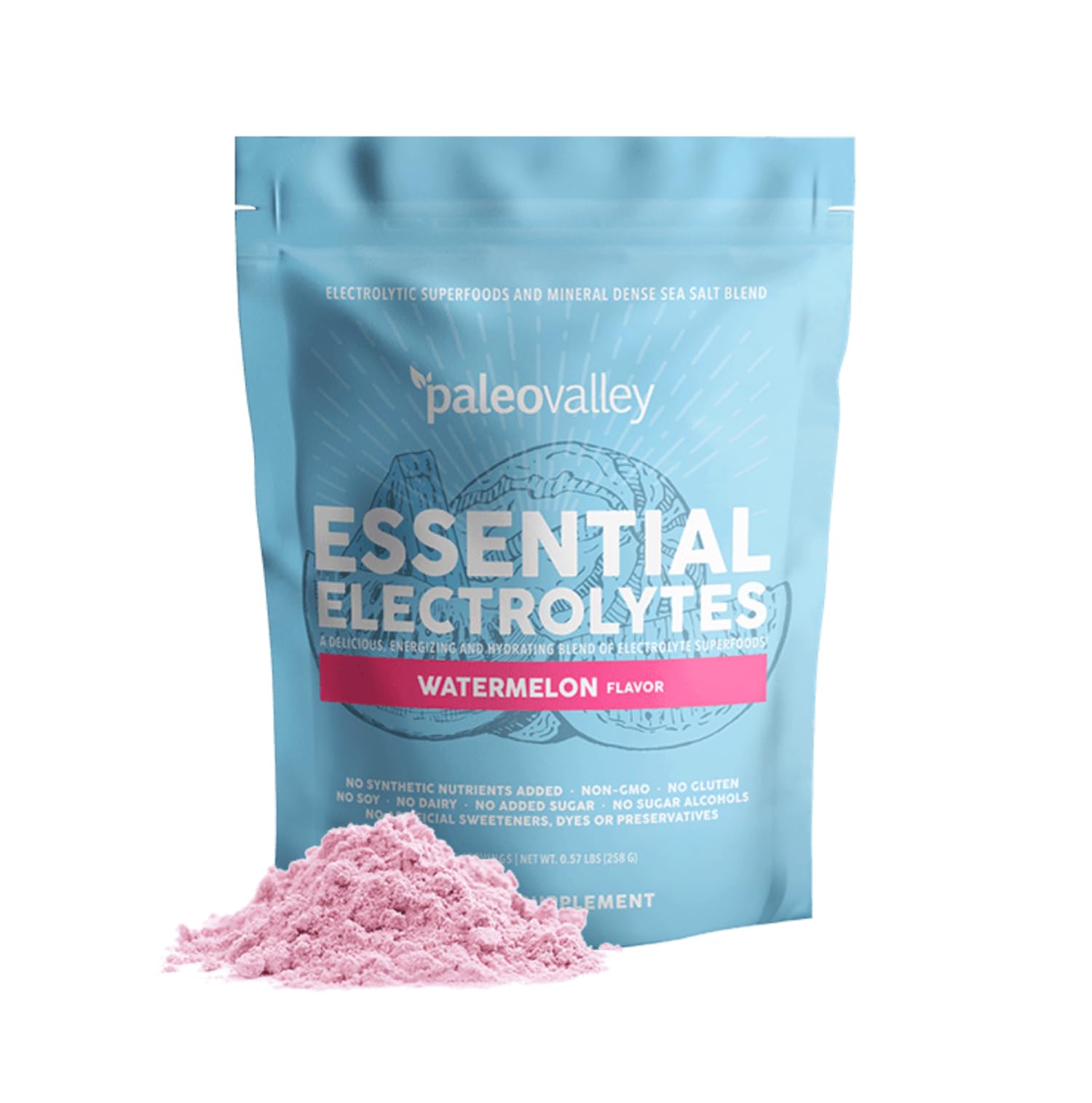 Paleovalley empaque frontal muestra sabor sandía y beneficios de hidratación