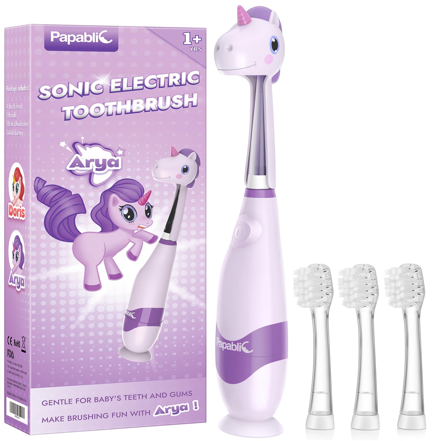 Papablic Arya vista frontal del cepillo, diseño unicornio favorece aceptación