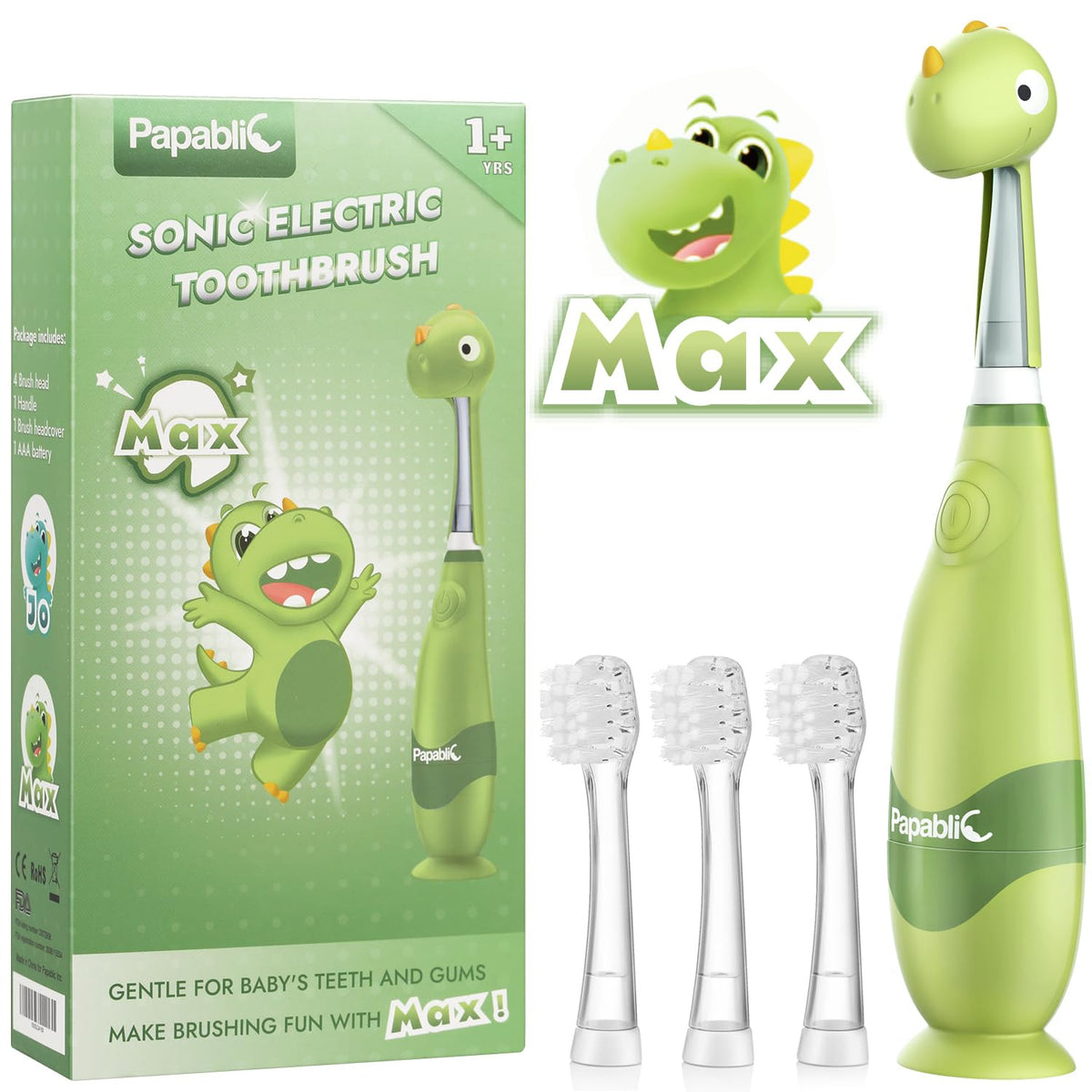 Papablic Max frontal con funda de dinosaurio, atrae al niño y facilita el cepillado