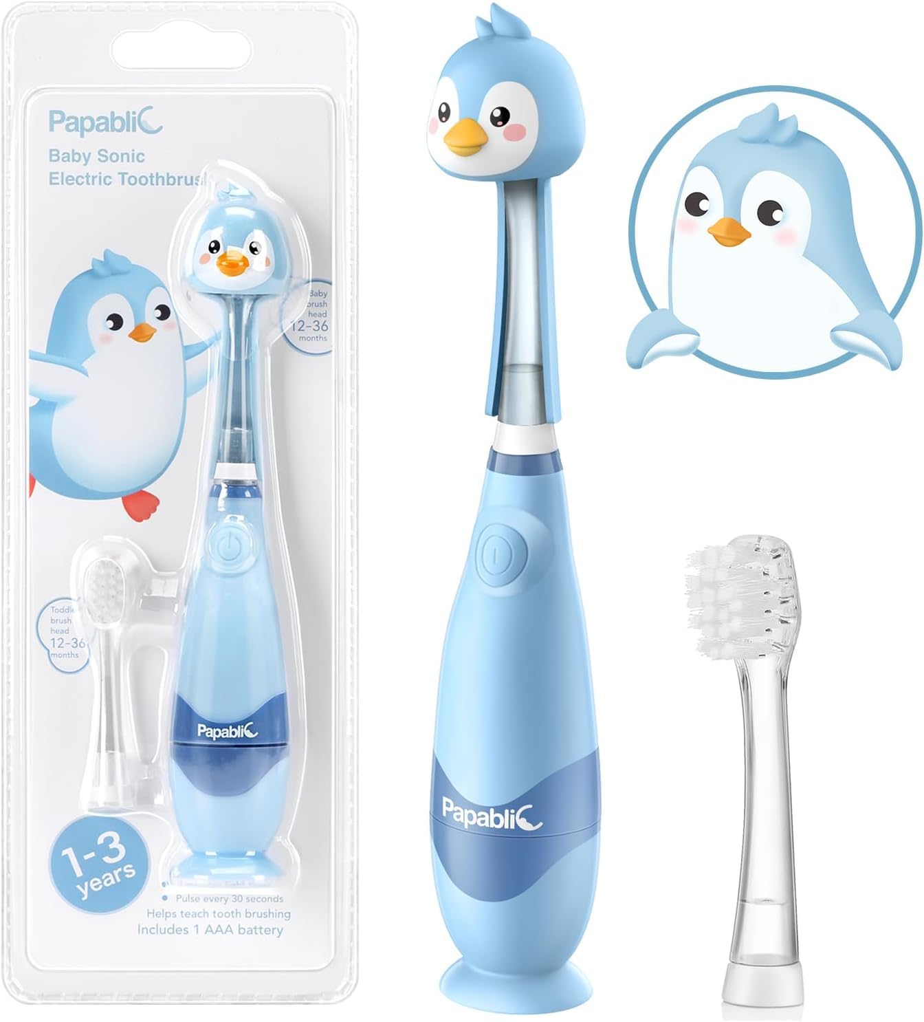 Papablic Pippin frontal y empaque color azul, atractivo para niños