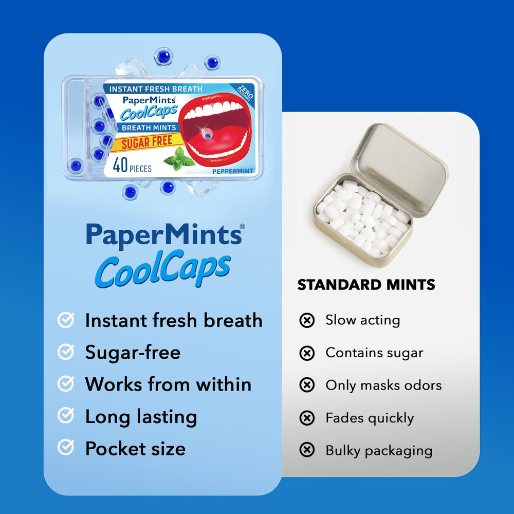 Papermints CoolCaps paquete dentro de un bolso demostrando uso portátil
