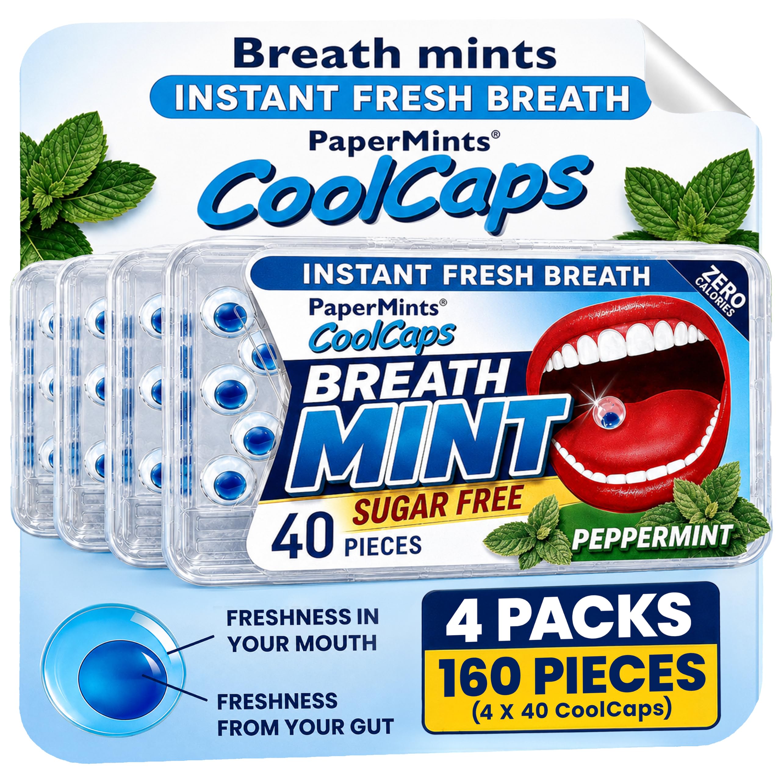 Papermints CoolCaps vista frontal del paquete mostrando marca y diseño, práctico para llevar