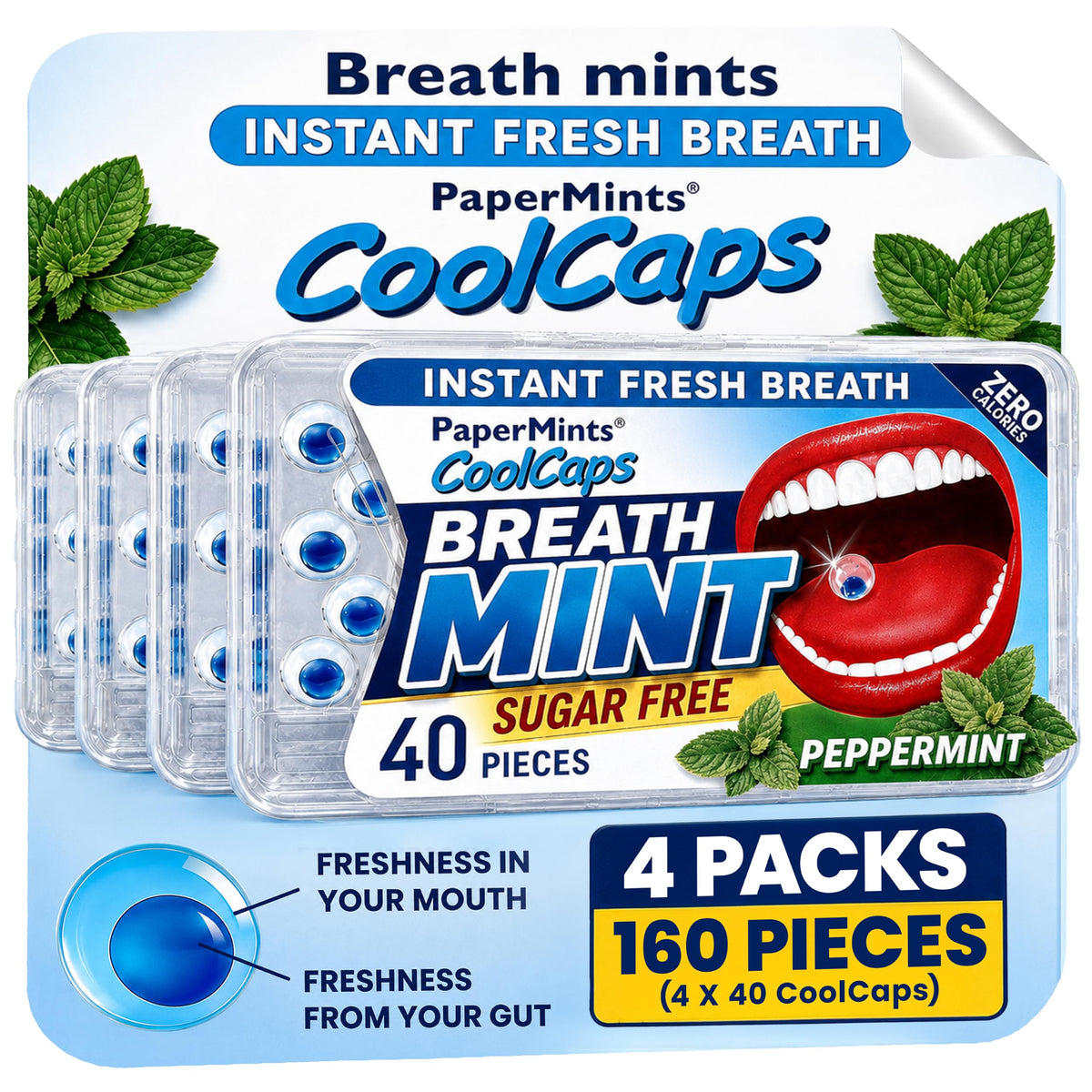 Papermints CoolCaps vista frontal del paquete mostrando marca y diseño, práctico para llevar