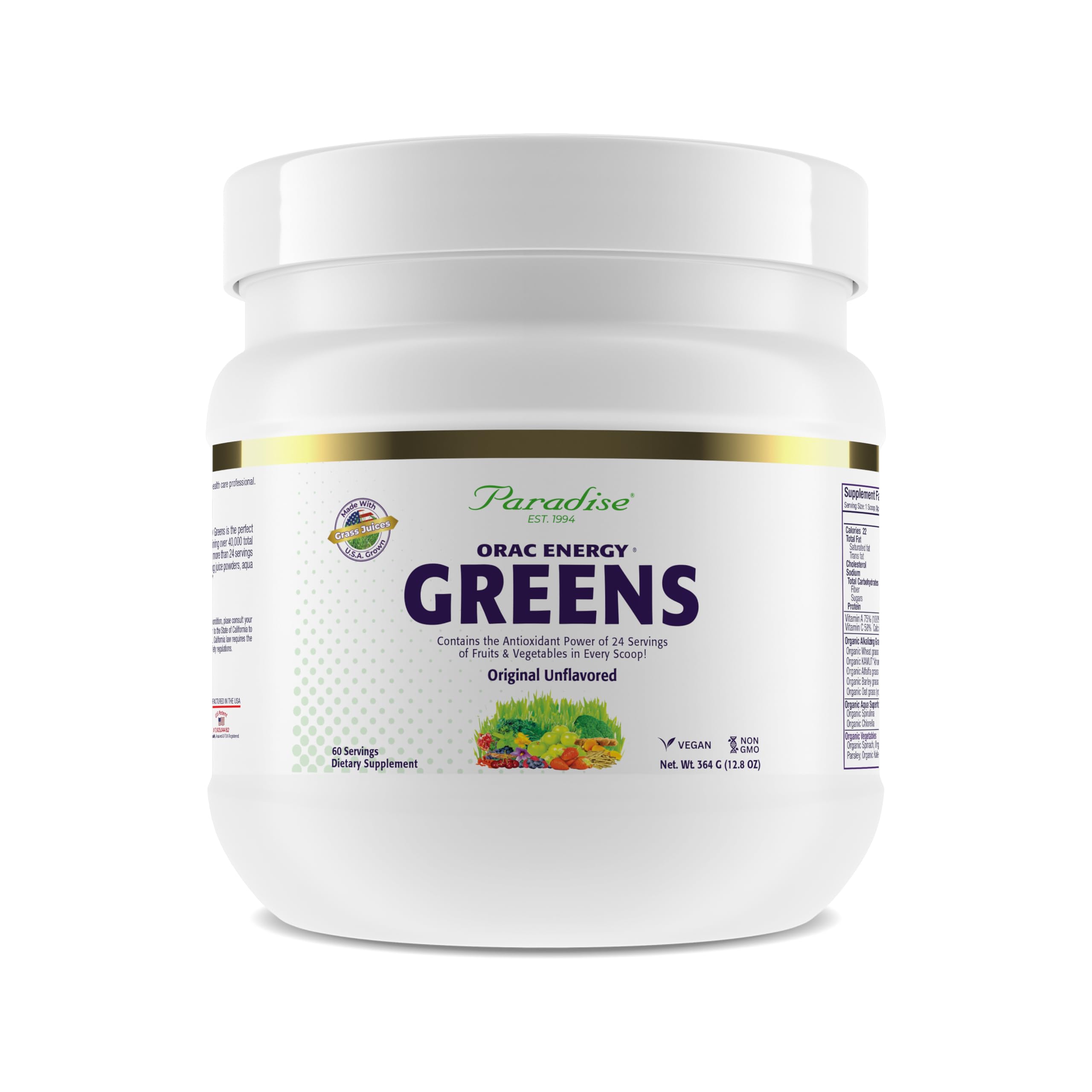 Paradise Herbs envase frontal mostrando marca y porciones, conveniencia diaria