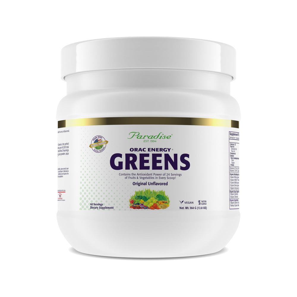 Paradise Herbs envase frontal mostrando marca y porciones, conveniencia diaria