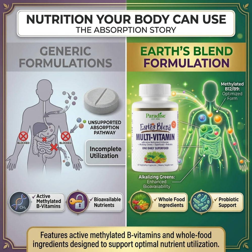 Etiqueta nutricional de Paradise Herbs destacando vitaminas metiladas y hierro