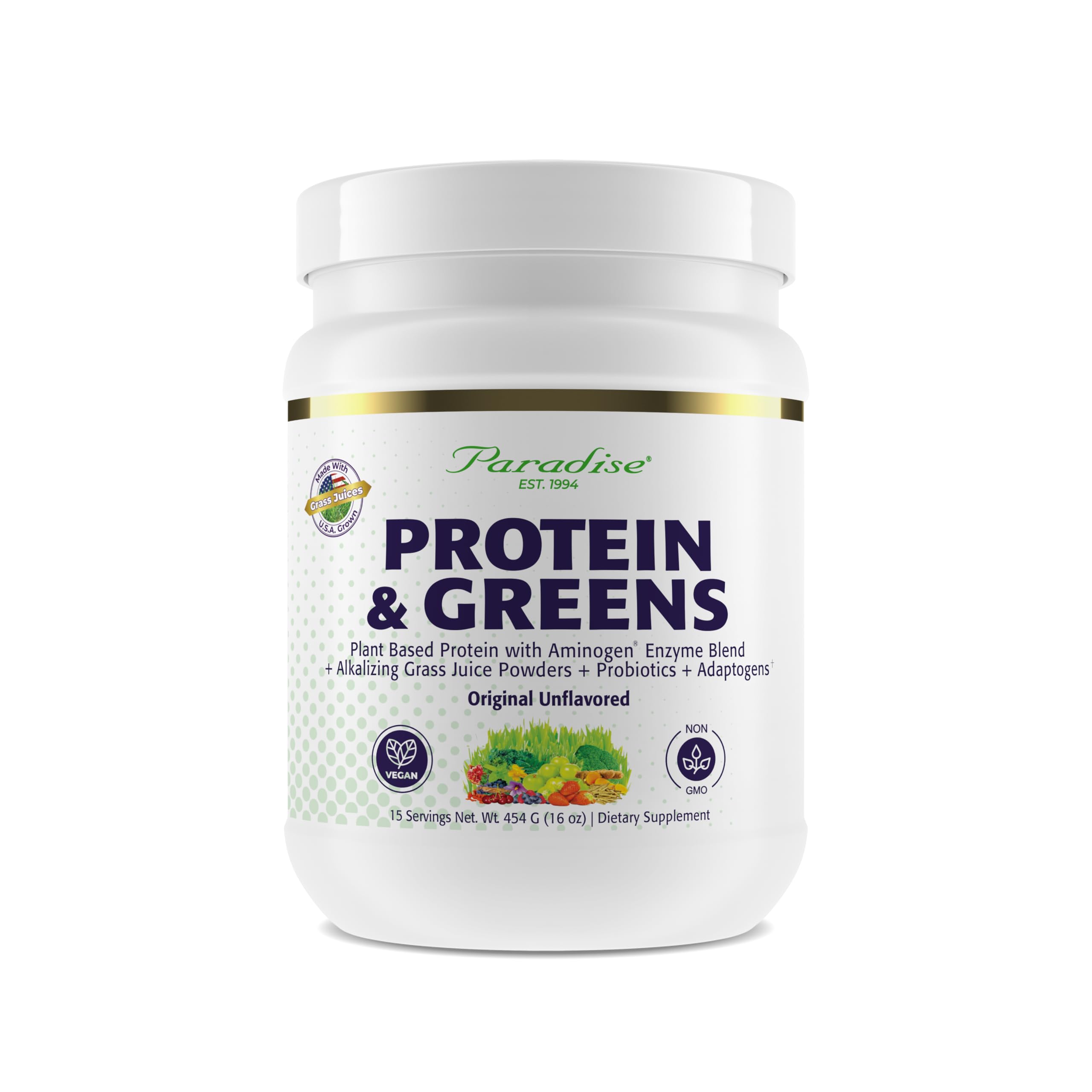 Paradise Herbs envase frontal mostrando nombre y beneficio proteico
