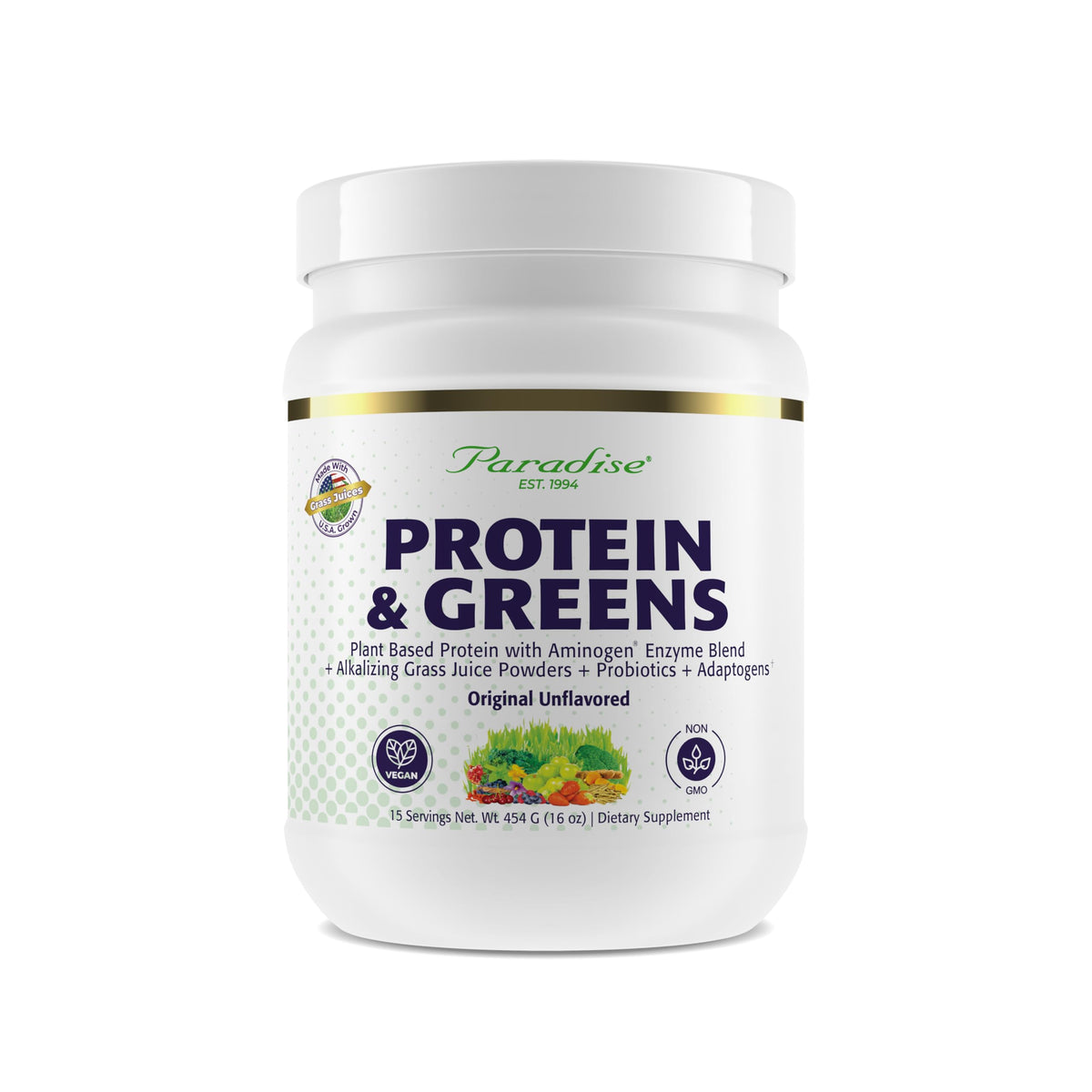 Paradise Herbs envase frontal mostrando nombre y beneficio proteico
