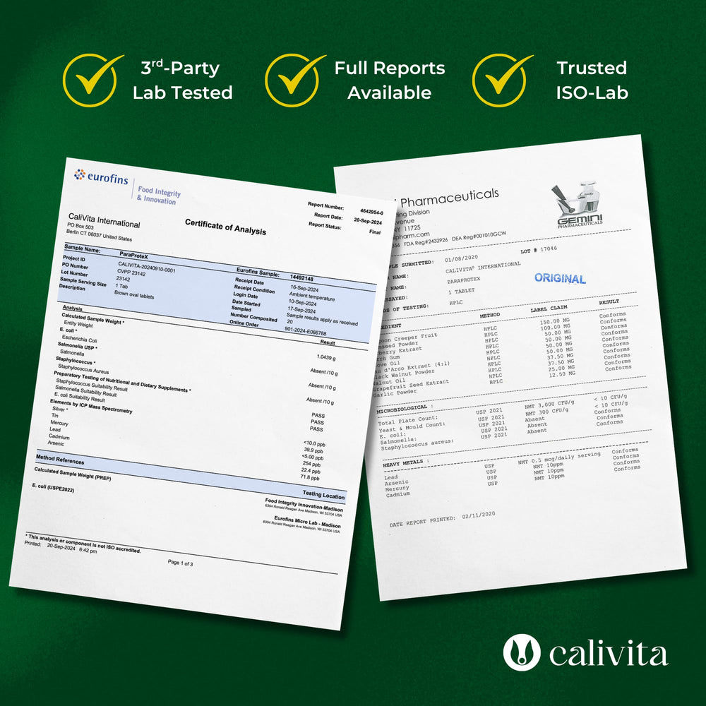 CaliVita ParaProteX ajo y mirra como ingredientes clave mostrados