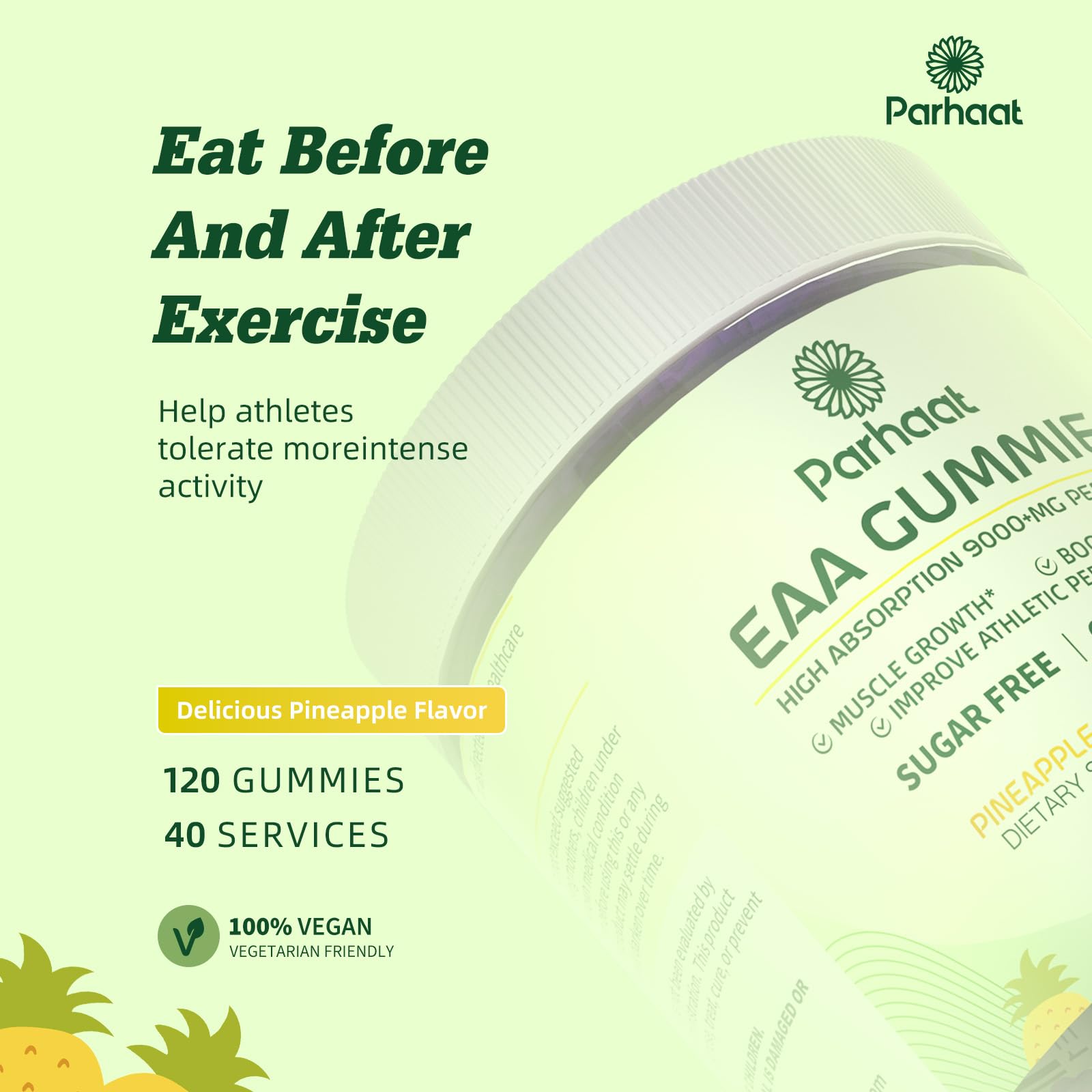 Parhaat EAA Gomitas textura suave, sabor piña para disfrutar después del entrenamiento.