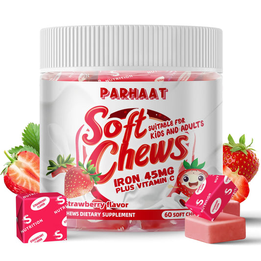 Parhaat Iron Soft Chew con sabor a fresa en caja, ideal para la vida diaria