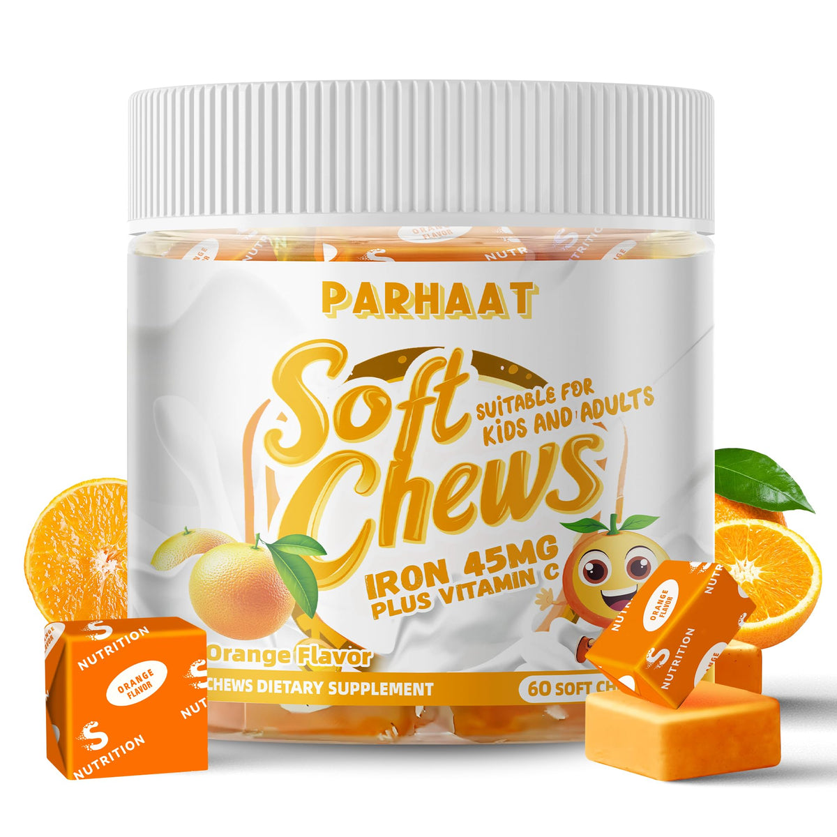 Parhaat masticables de hierro sabor naranja, ideal para energía diaria.