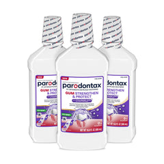 Parodontax enjuague pack frontal mostrando las tres botellas y beneficio protección gingival