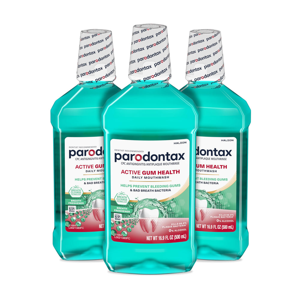 Parodontax pack de tres botellas mostrando el frente y la marca, beneficio: encías saludables