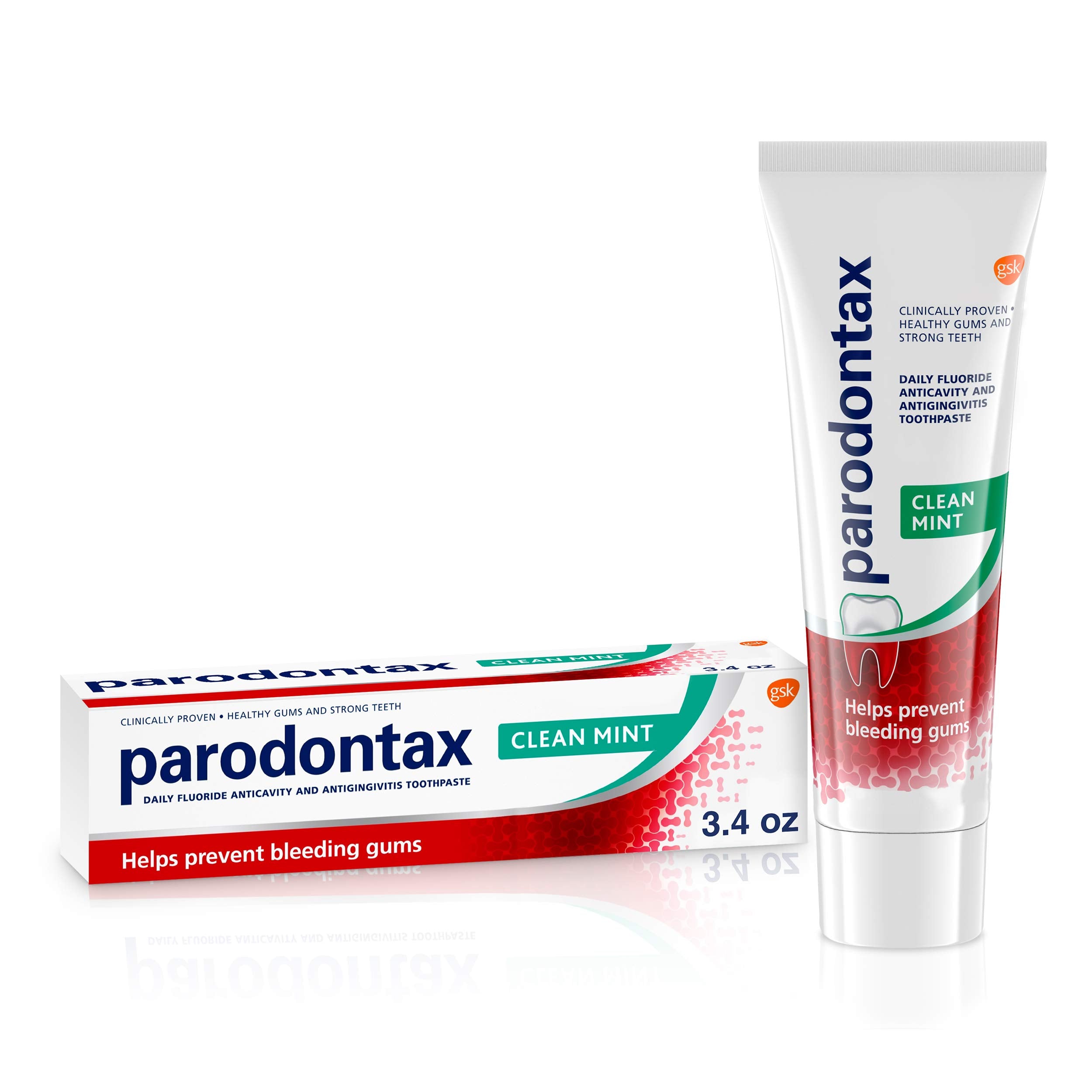 Parodontax frente del tubo mostrando la marca y beneficio gingival