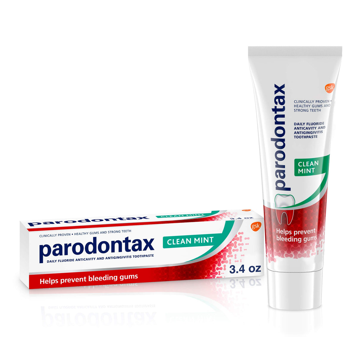 Parodontax frente del tubo mostrando la marca y beneficio gingival
