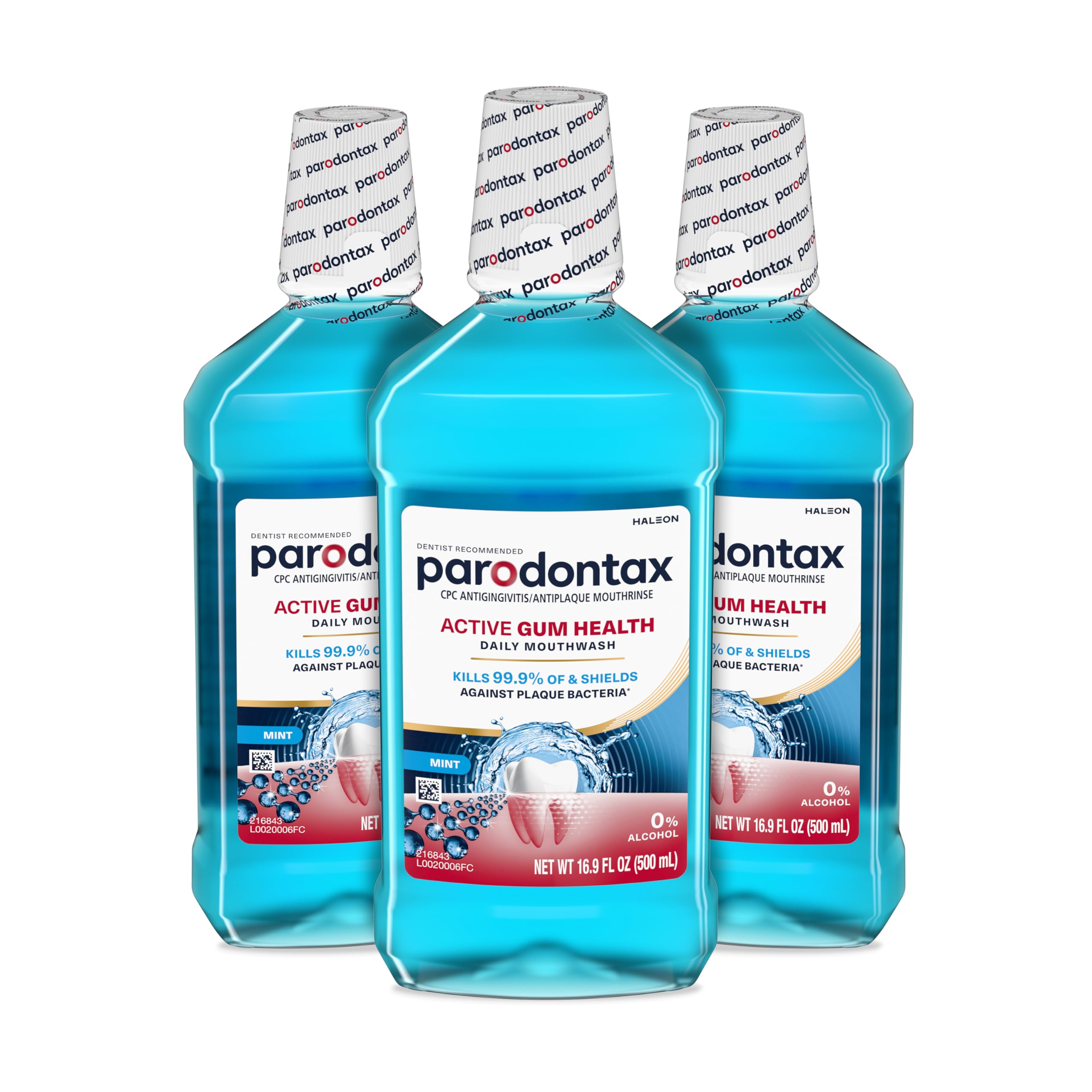 Parodontax paquete frontal tres botellas mostrando presentación y beneficio antiplaca