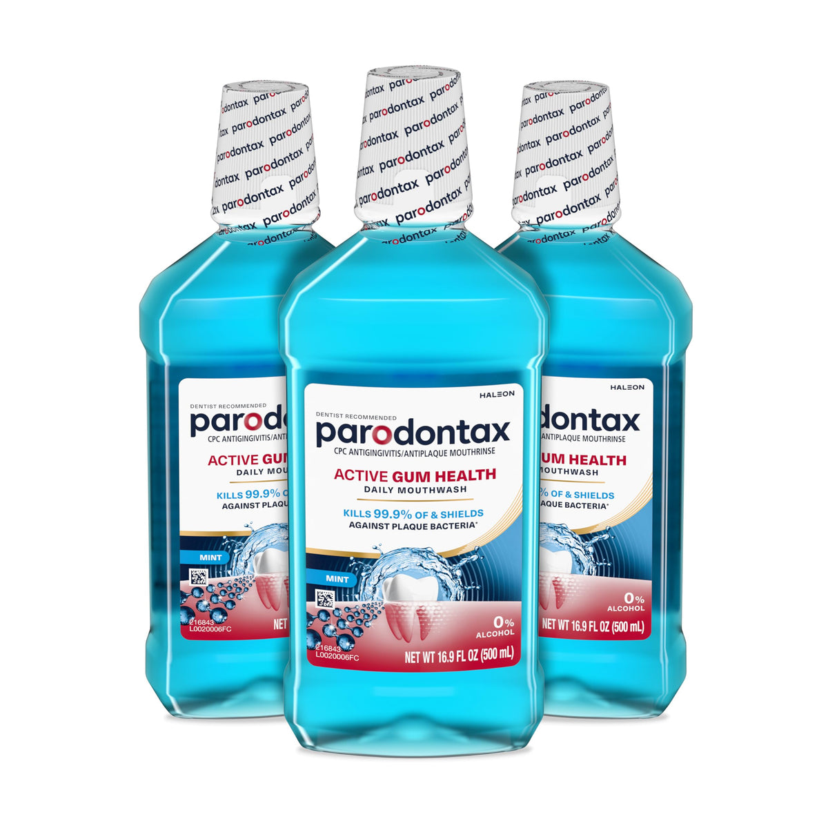 Parodontax paquete frontal tres botellas mostrando presentación y beneficio antiplaca