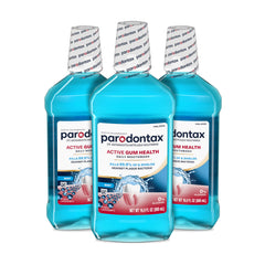 Parodontax paquete frontal tres botellas mostrando presentación y beneficio antiplaca
