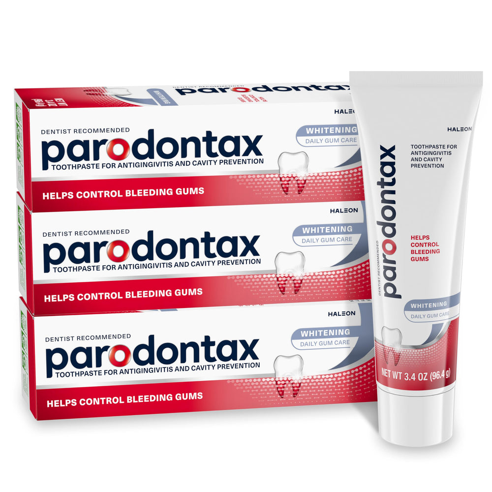 Parodontax pack frontal de tres tubos muestra conveniencia y control de placa