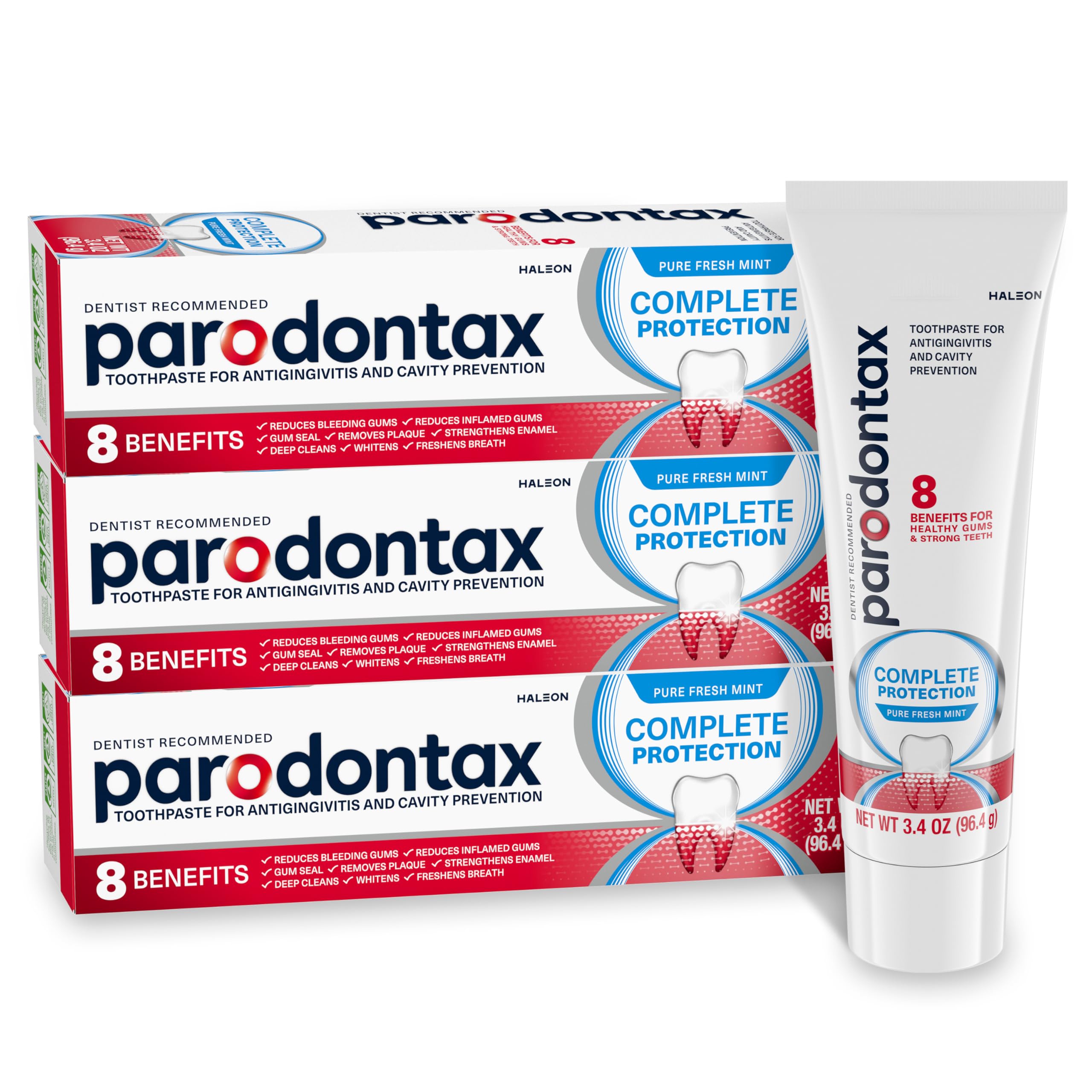 Parodontax pack frontal de tres tubos mostrando presentación y beneficio encías