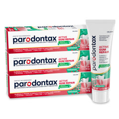 Parodontax frontal del pack mostrando beneficios de encías y aliento